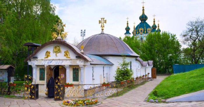 KIEV, UKRAINE - MAY 1, 2014: The church of Vvedensky Monastery was recently rebuilt on its historical place, on Podol neighborhood, next to St Andrew Church and ruins of Сhurch of the Tithes, on May 1 in Kiev.